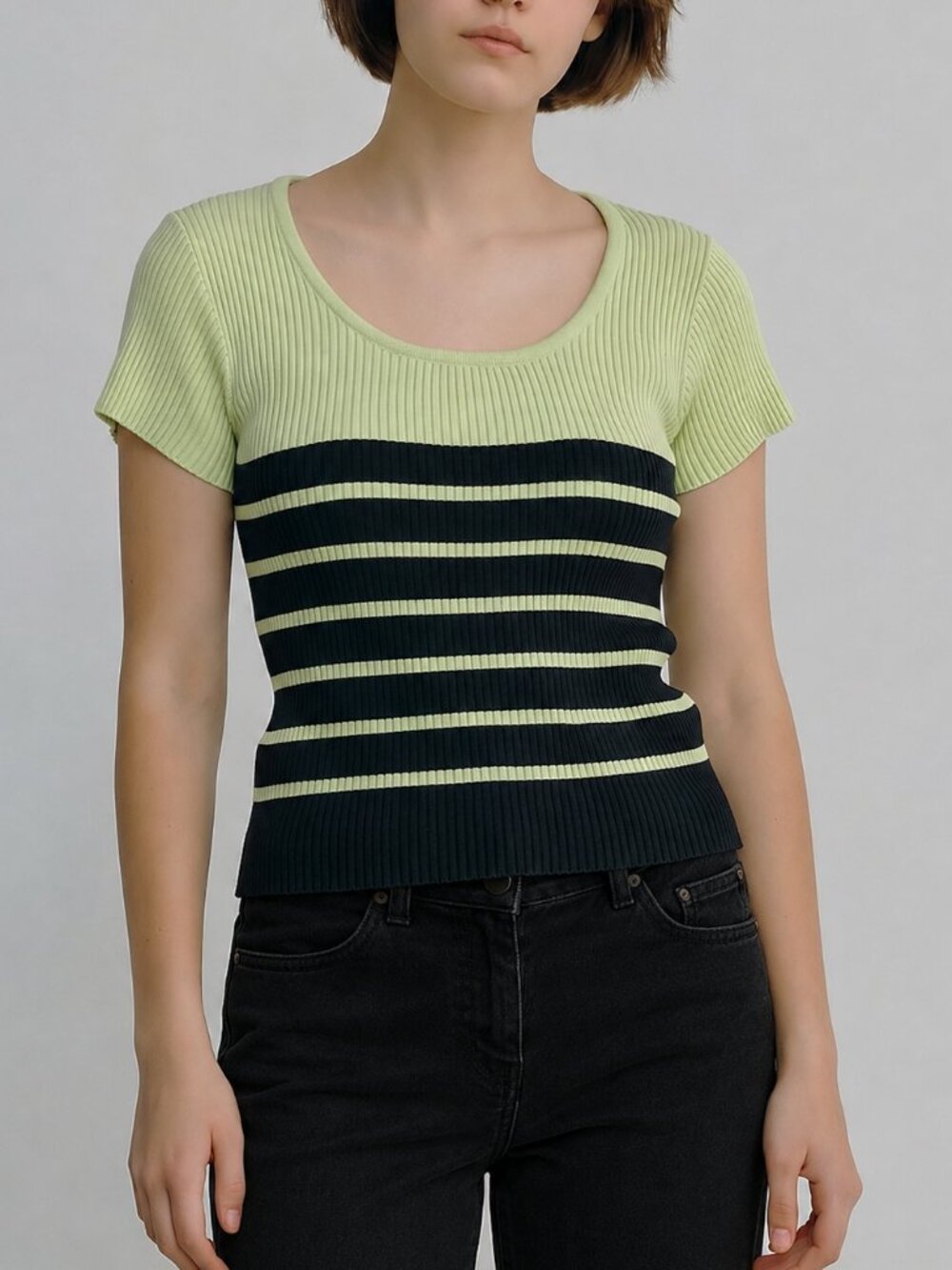 Ribbed Knit Tee, Lime Green, Black Stripes – Size M - Tailor by B.Moss